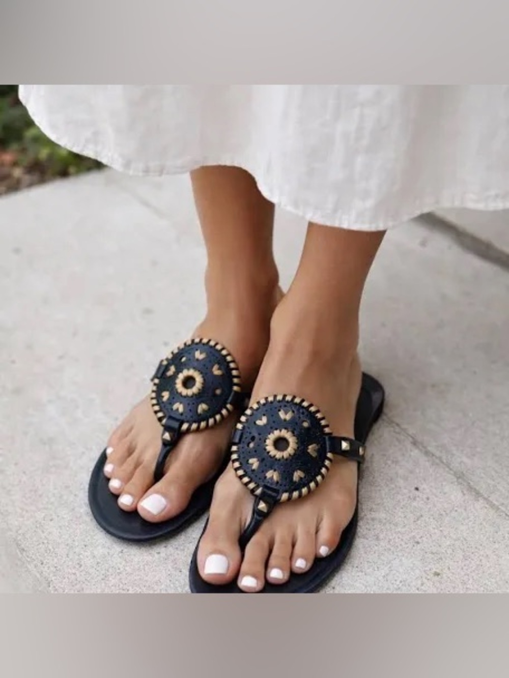Jack Rogers Black and Gold Leather Circular Medallion Thong Sandals